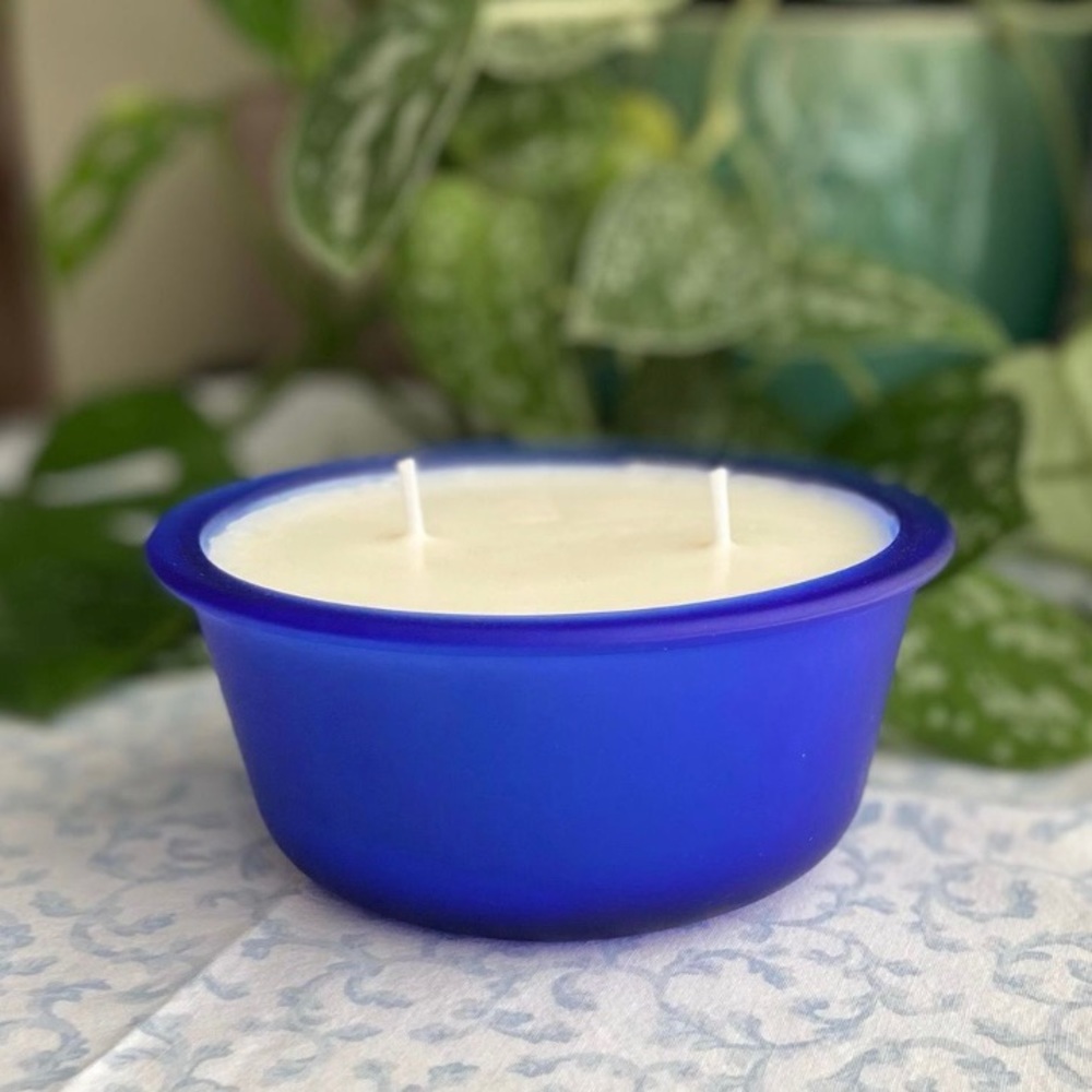 Fresh Linen Scented Soy Candle Anchor Hocking Frosted Cobalt Blue Custard Dish